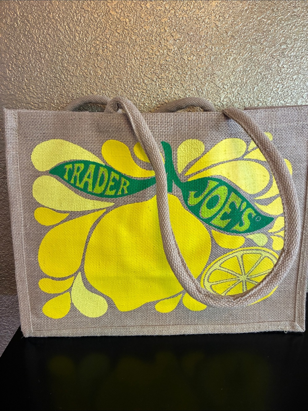 Trader Joe's Yellow Lemon Lime Graphic Jute Tote Bag